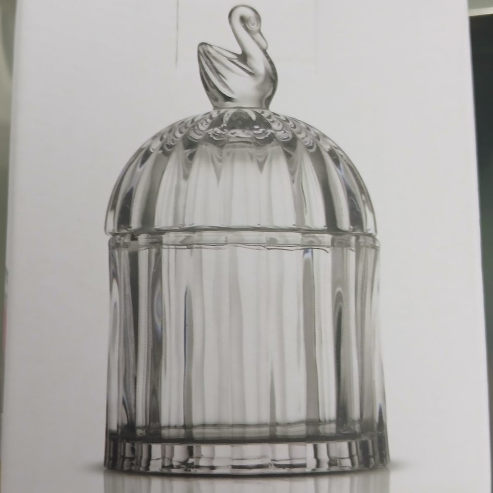 Godinger Glass Crystal Covered Container  with Swan Finial and Ribbed Texture